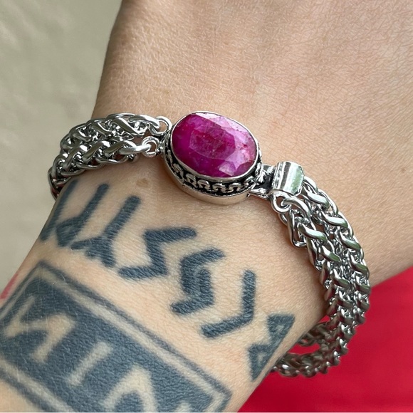 Genuine pink indian ruby gemstone stainless steel double chain boho bracelet - Picture 11 of 15